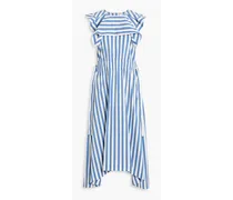 Asymmetric striped cotton-blend poplin midi dress - Blue