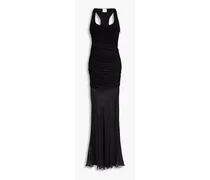 Ruched chiffon-paneled stretch-knit gown - Black