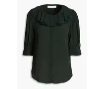 Lace-trimmed ruffled crepe de chine blouse - Green