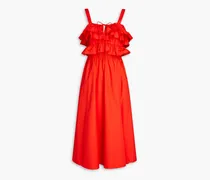 Ruffled cotton-poplin midi dress - Red