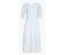 Shirred broderie anglaise cotton midi dress - Blue
