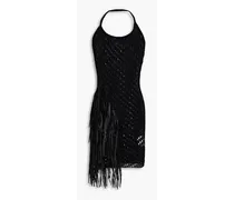 Fringed crocheted cotton-blend mini dress - Black