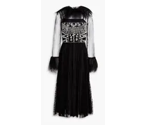 Embellished tulle-paneled Chantilly lace midi dress - Black