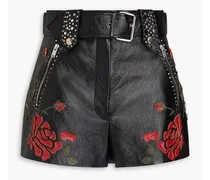 Belted floral-appliquéd studded leather shorts - Black