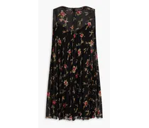 Pleated floral-print georgette mini dress - Black