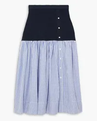 STAUD Miley ribbed merino wool and striped cotton-poplin skirt - Blue Blue