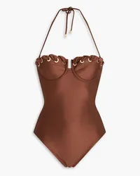 Zimmermann Devi eyelet-embellished cutout underwired halterneck swimsuit - Brown Brown