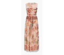 Ruched floral-print point d'espirit tulle midi dress - Pink