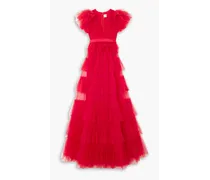 Nicolette grosgrain-trimmed tiered ruffled plissé-tulle gown - Red