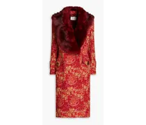 Double-breasted faux fur-trimmed jacquard coat - Burgundy