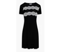 Lace-trimmed pointelle-knit wool mini dress - Black