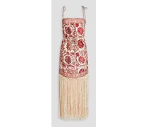 Fringed floral-print linen and macramé maxi dress - Red