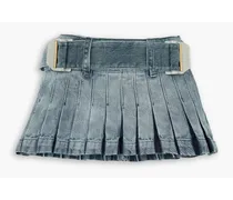 Belted pleated denim mini skirt - Blue