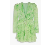 Gathered crystal-embellished printed silk-georgette mini dress - Green