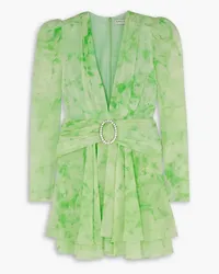 Alessandra Rich Gathered crystal-embellished printed silk-georgette mini dress - Green Green