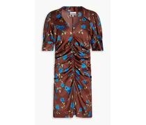 Ruched floral-print stretch-silk satin mini dress - Brown
