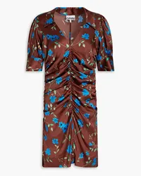 Ganni Ruched floral-print stretch-silk satin mini dress - Brown Brown