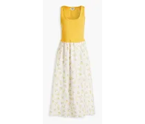 Cotton-jersey paneled floral-print slub woven midi dress - Yellow