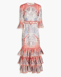 Zimmermann Belted tiered floral-print linen midi dress - Red Red