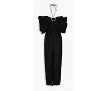 Cold-shoulder embellished cutout linen-blend gown - Black
