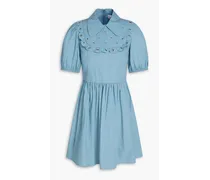 Scalloped eyelet-embellished stretch-cotton poplin mini dress - Blue