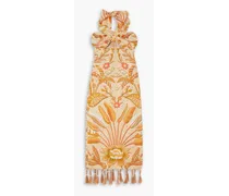 Jungle Chic cutout printed linen-blend halterneck midi dress - Neutral