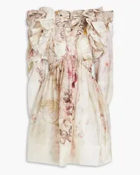 Zimmermann Embellished ruffled floral-print linen and silk-blend mini dress - White White