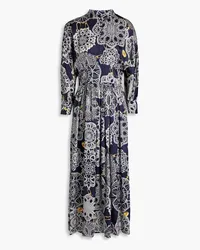 Moschino Gathered printed silk-blend-satin midi dress - Blue Blue