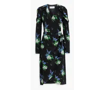Pleated floral-print silk crepe de chine midi wrap dress - Black