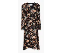 Pleated floral-print silk crepe de chine midi wrap dress - Black