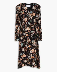 LES RÊVERIES Pleated floral-print silk crepe de chine midi wrap dress - Black Black