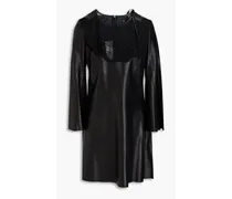 Bow-embellished lace-trimmed leather mini dress - Black
