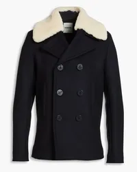 Sandro Shearling-trimmed wool-blend felt peacoat - Blue Blue