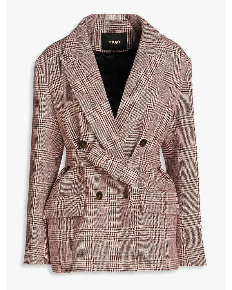 Maje Double-breasted Prince of Wales checked cotton-blend tweed blazer - Burgundy Burgundy