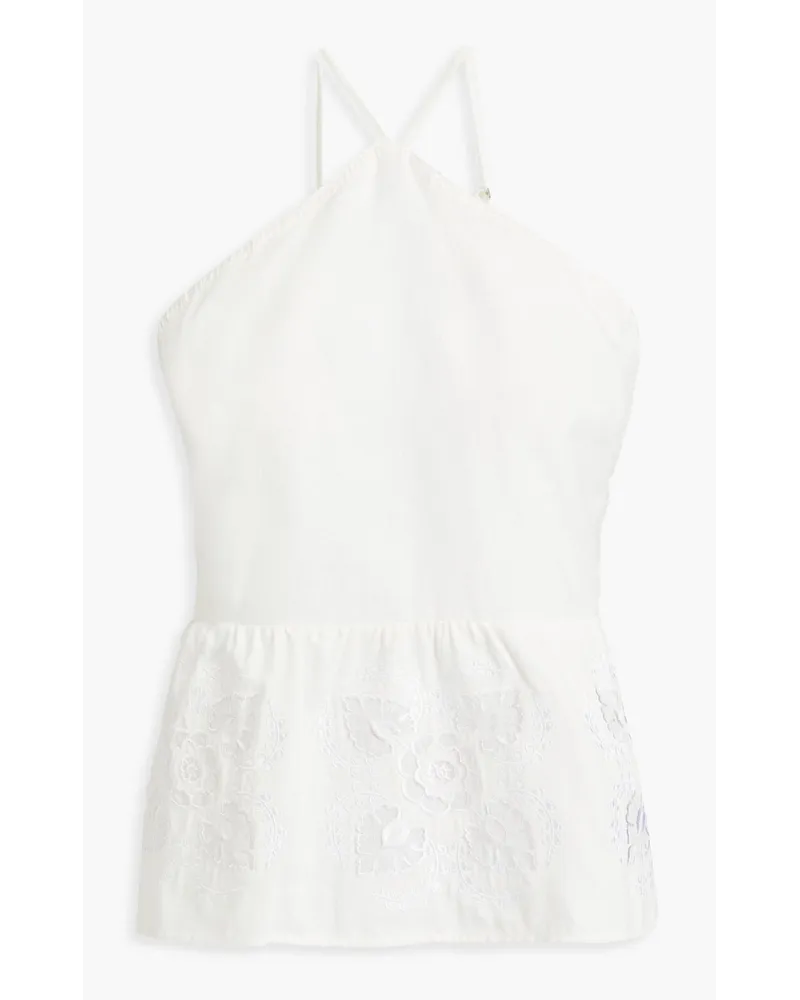 Joie Embroidered gathered cotton and linen-blend halterneck top - White White