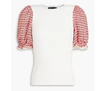 Tweed-paneled ribbed-knit top - White