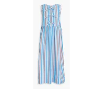 Strapless bow-detailed striped cotton-poplin midi dress - Blue