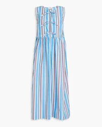 Ganni Strapless bow-detailed striped cotton-poplin midi dress - Blue Blue