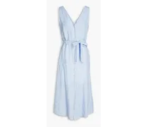 Belted embroidered linen midi dress - Blue