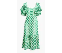 Oliver ruffled printed cotton-jacquard midi dress - Green