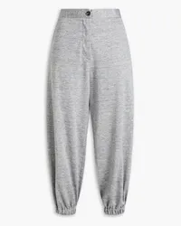 Brunello Cucinelli Cropped bead-embellished linen and silk-blend slub-jersey track pants - Gray Gray