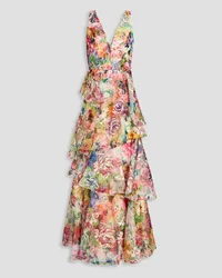 Marchesa Tiered embroidered floral-print organza gown - White White