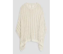 Bead-embellished open-knit cotton-blend poncho - White