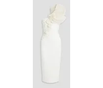 One-shoulder organza-trimmed crepe midi dress - White