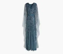 Wrap-effect embellished tulle gown - Blue
