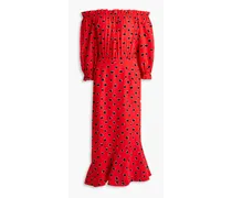 Grace off-the-shoulder polka-dot silk crepe de chine midi dress - Red