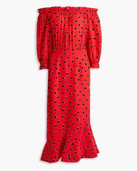 Saloni Grace off-the-shoulder polka-dot silk crepe de chine midi dress - Red Red