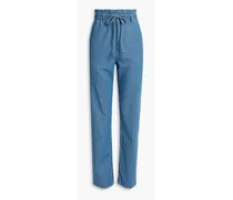 Cotton and linen-blend chambray straight-leg pants - Blue