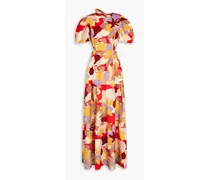 Gathered floral-print linen-blend maxi dress - Red