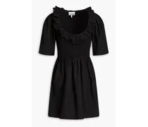 Ruffled shirred cotton-poplin mini dress - Black